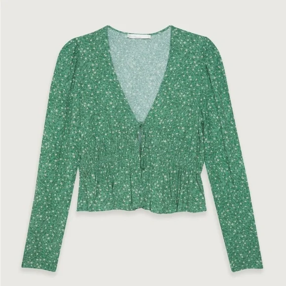 Oak + Fort | green floral front tie crop blouse 100% viscose size small - Picture 3 of 10